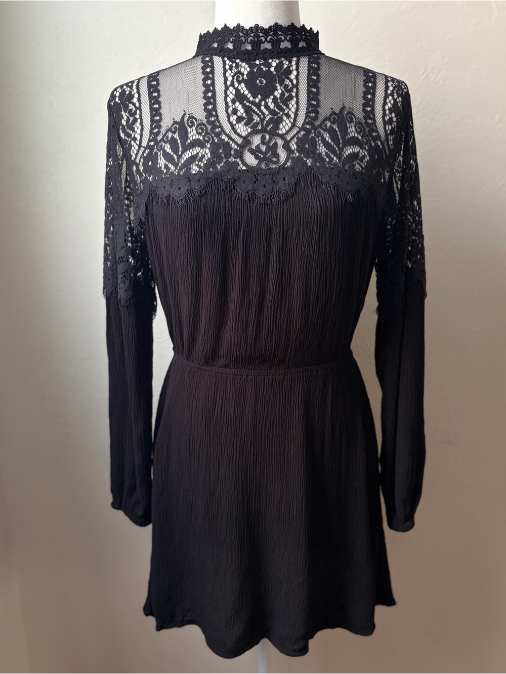 American Rag Black Lace Crinkle Mini Dress High Neck Long Sleeve M